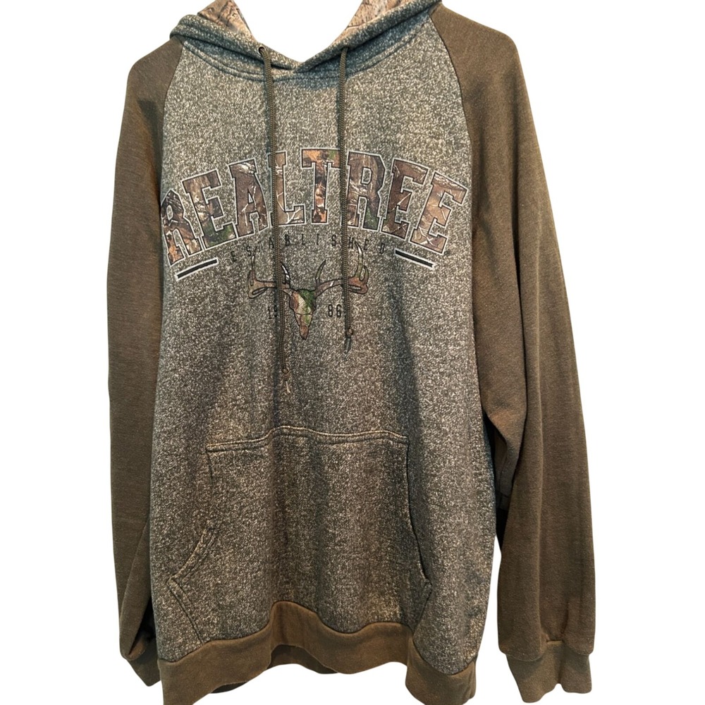 Realtree Hoodie XL Men's Brown Olive Camo Graphic Pullover Raglan Sweatshirt